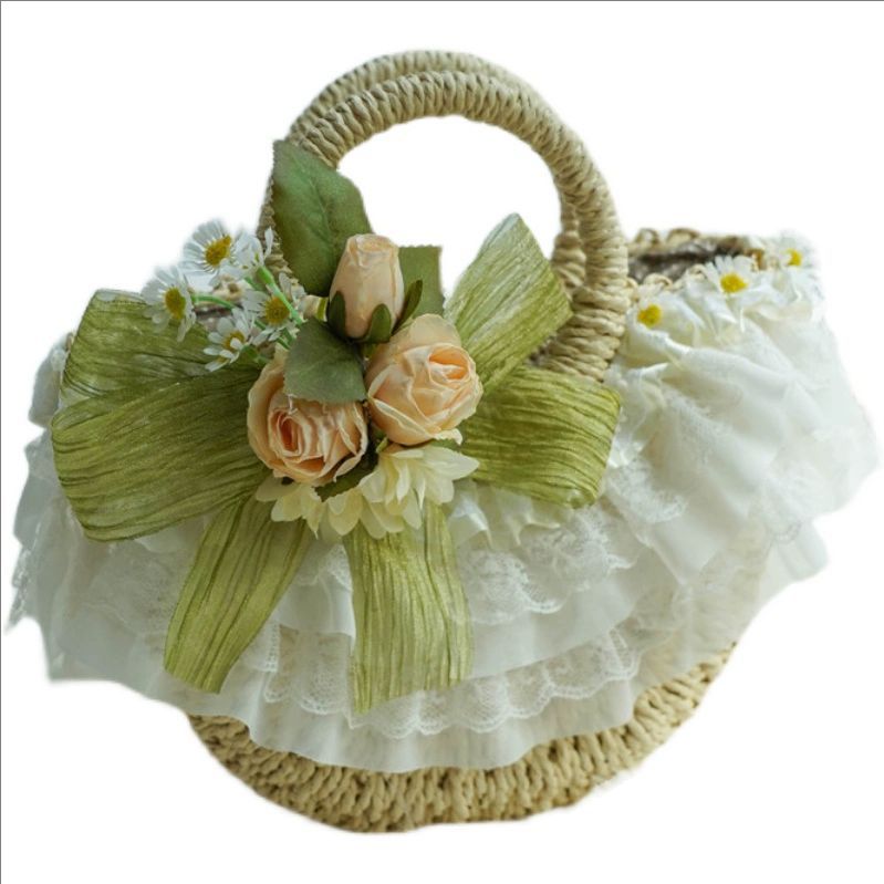 Woven Straw Bag - Country-style Lolita lace straw woven bag,