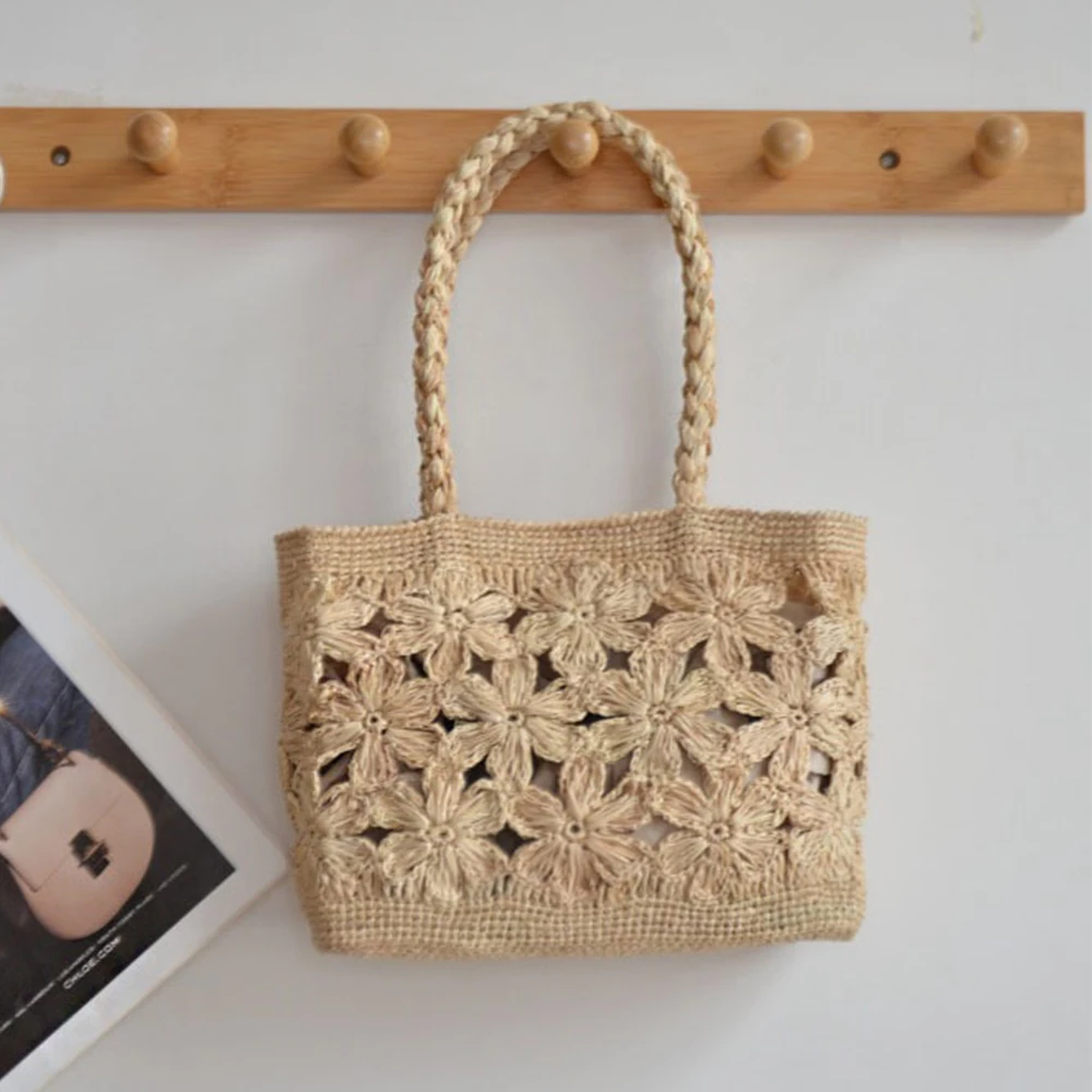 Woven Straw Bag - Bohemian Flower Straw Bag Tote Hollow