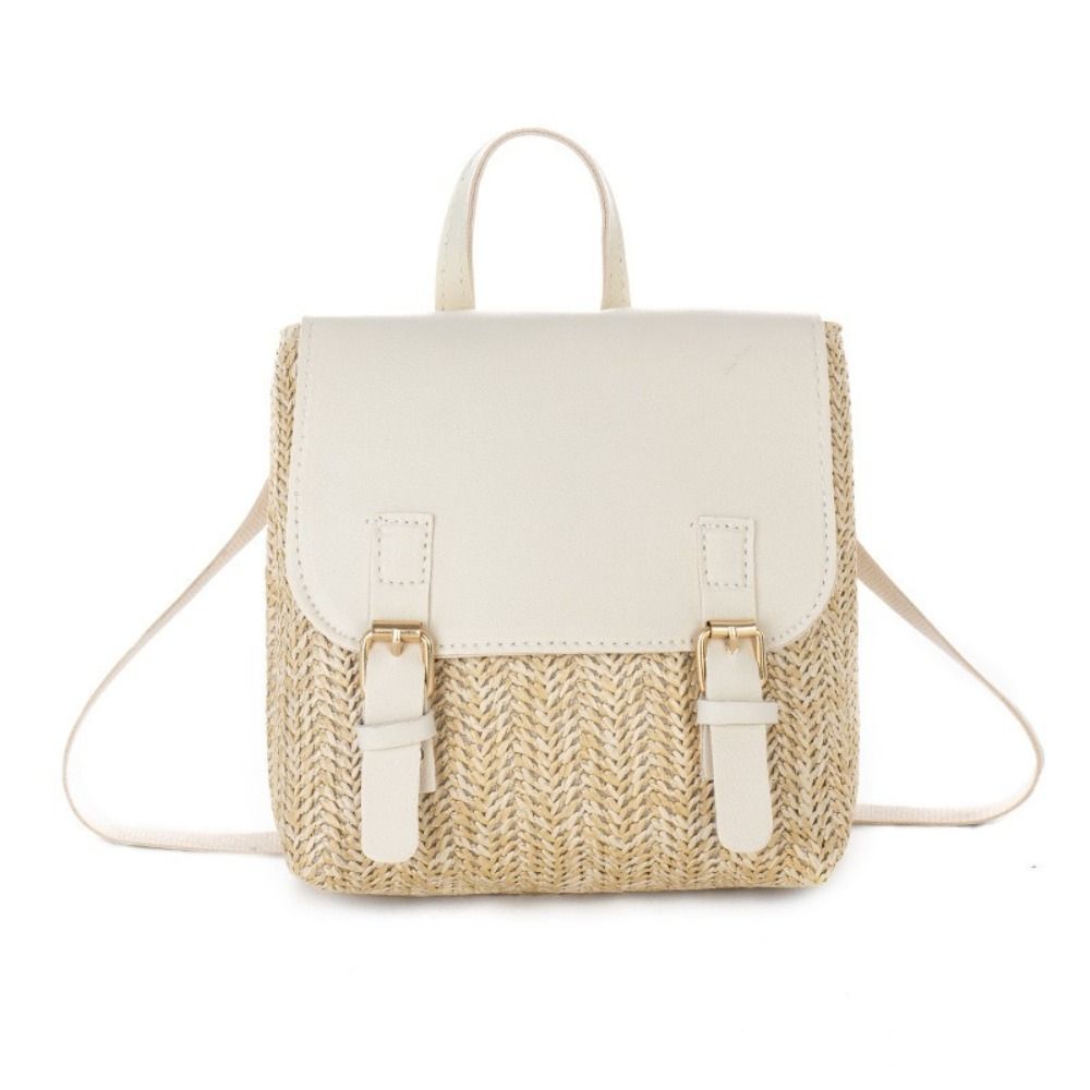 Woven Straw Bag - Versatile Bag PU Leather Straw Backpack
