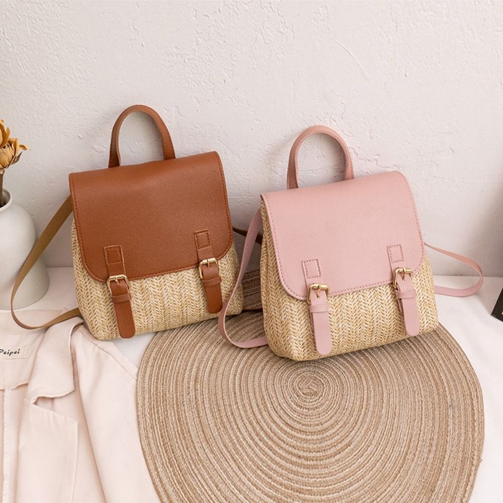 Fashion PU Leather Straw Backp - Woven Straw Bag ulasan dan harga
