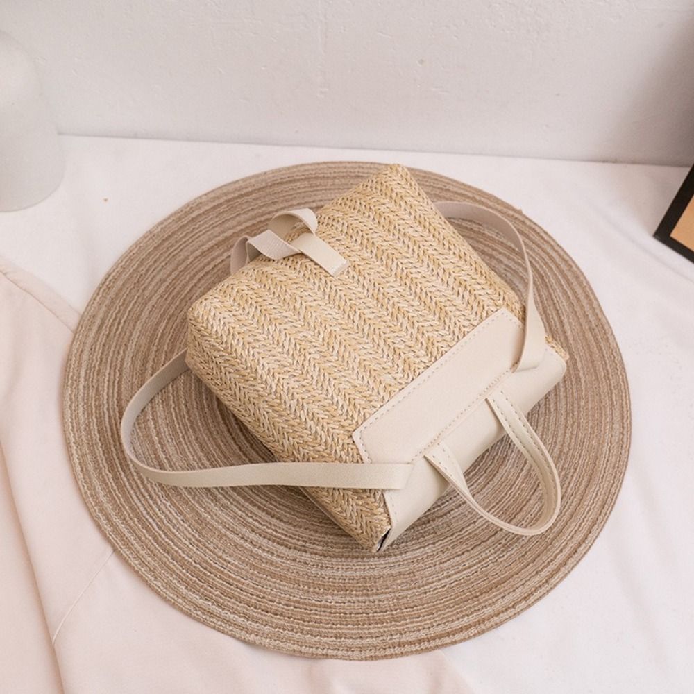 Fashion PU Leather Straw Backp - Woven Straw Bag ulasan dan harga