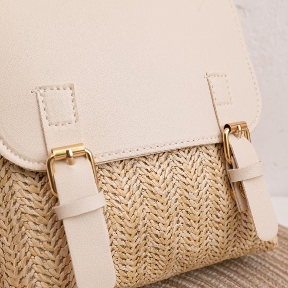 Fashion PU Leather Straw Backp - Woven Straw Bag ulasan dan harga