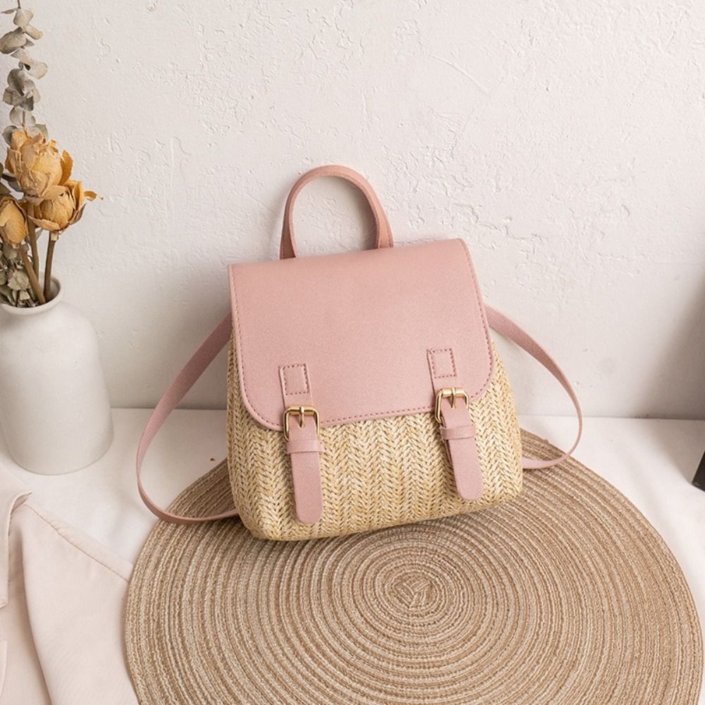 Fashion PU Leather Straw Backp - Woven Straw Bag ulasan dan harga
